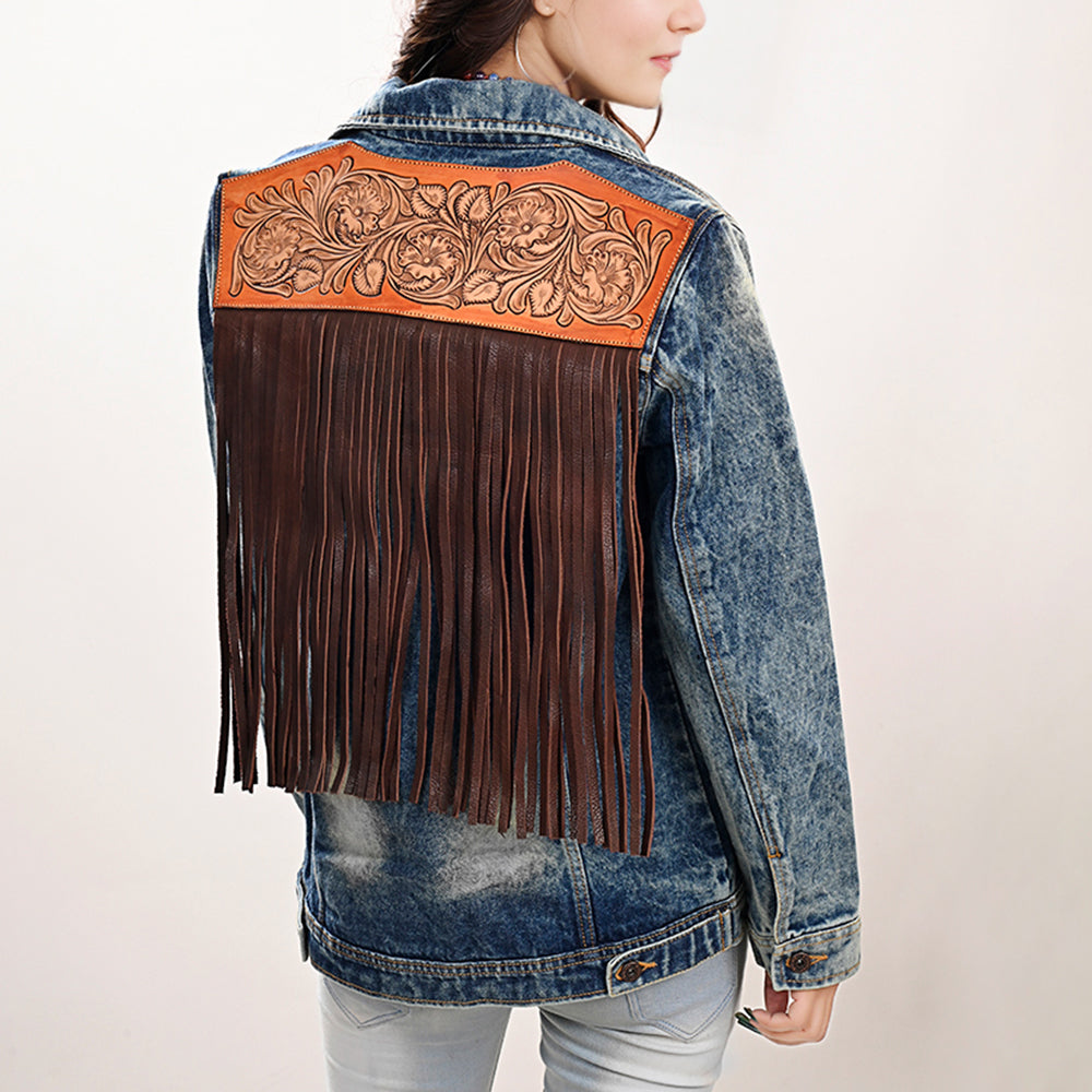 American Darling Genuine leather Hand tooled carved Women 100% cotton Denim jacket dress ladies girl | Shirt for