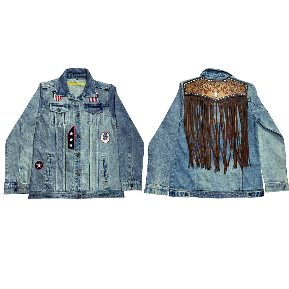 ADJKT604 Genuine leather Hand tooled hand carved Women 100% cotton Denim jacket dress ladies girl