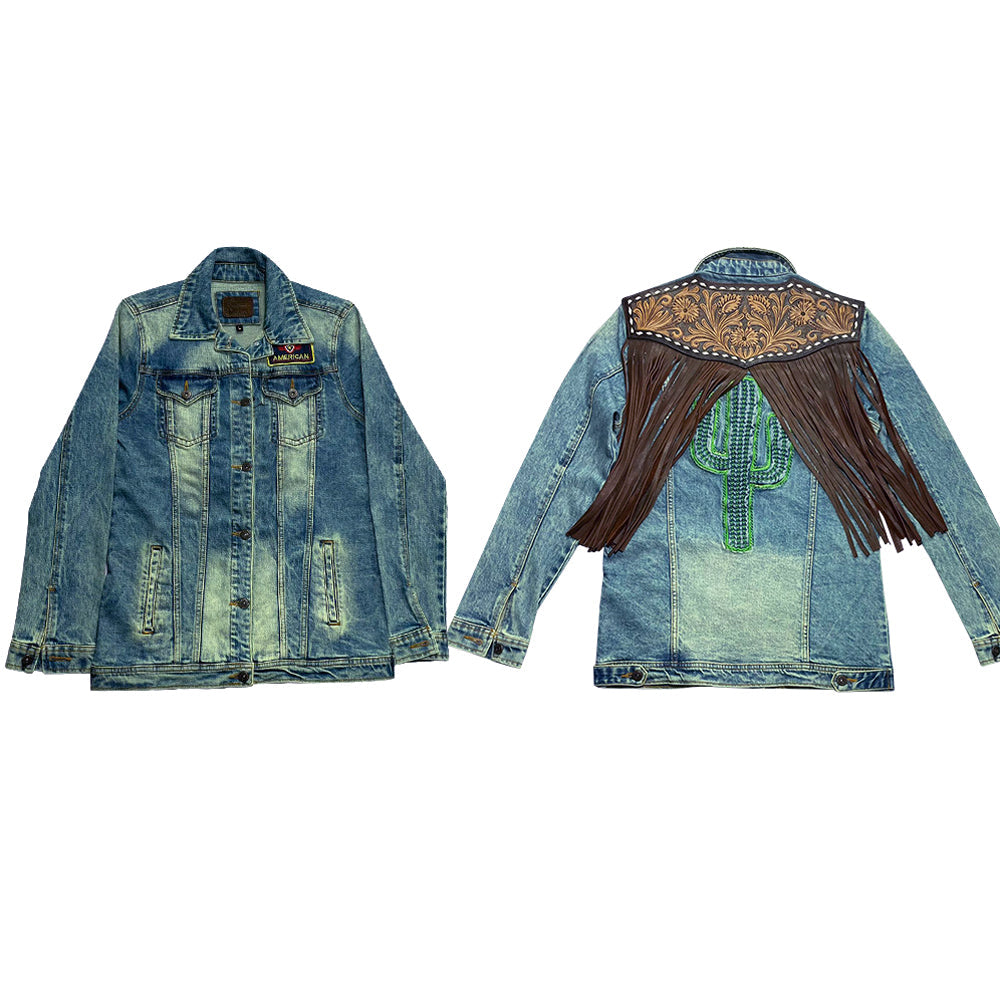ADJKT605 Genuine leather Hand tooled hand carved Women 100% cotton Denim jacket dress ladies girl