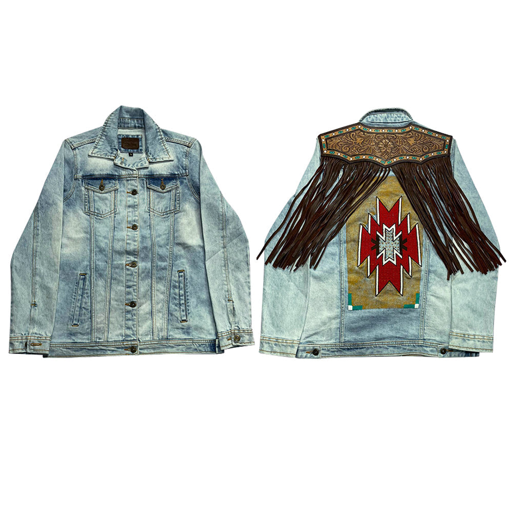 ADJKT607 Genuine leather Hand tooled hand carved Women 100% cotton Denim jacket dress ladies girl