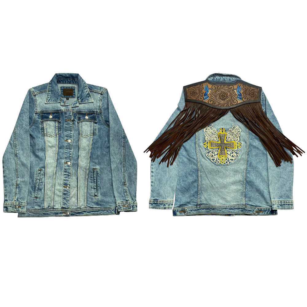 ADJKT608 Genuine leather Hand tooled hand carved Women 100% cotton Denim jacket dress ladies girl
