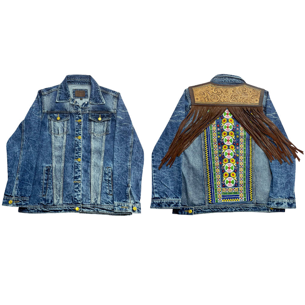 ADJKT612 Genuine leather Hand tooled hand carved Women 100% cotton Denim jacket dress ladies girl