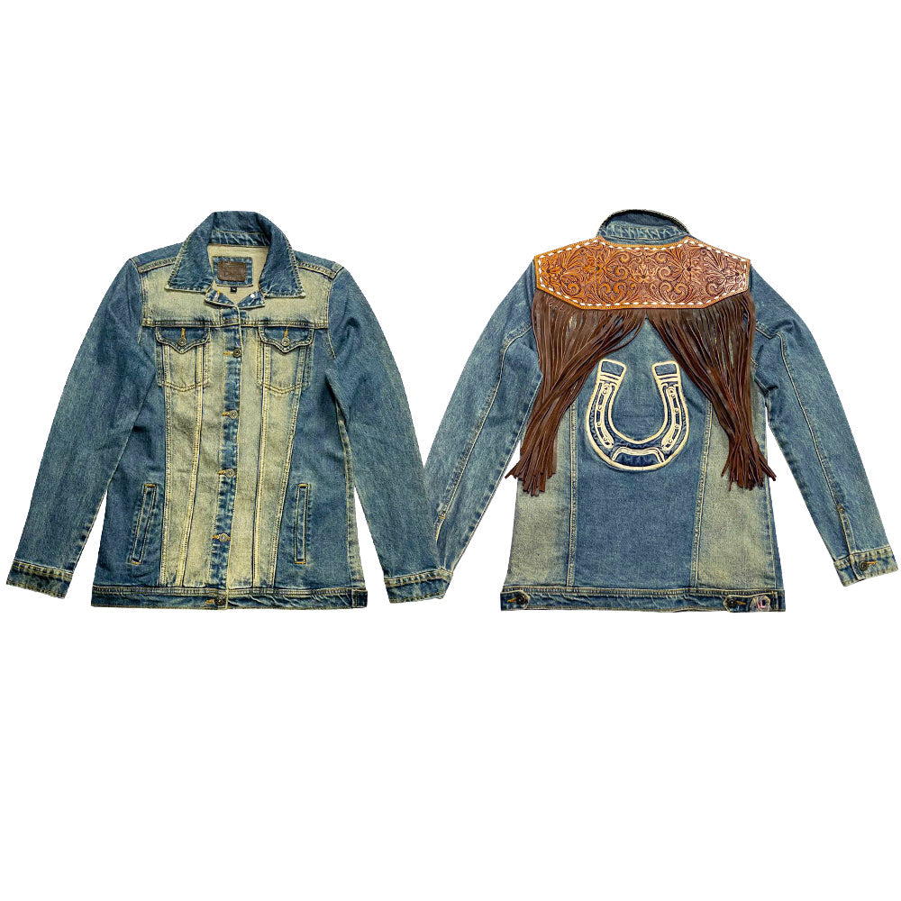 ADJKT614 Genuine leather Hand tooled hand carved Women 100% cotton Denim jacket dress ladies girl