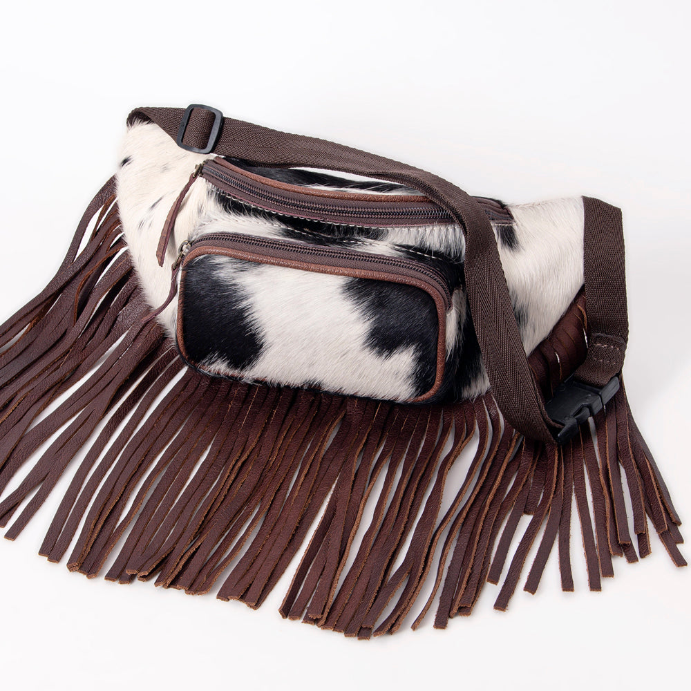 American Darling Handcrafted Western Leather Fanny Pack with Hair-On Cowhide & Fringes – Rugged & Functional, Adjustable Belt Bag