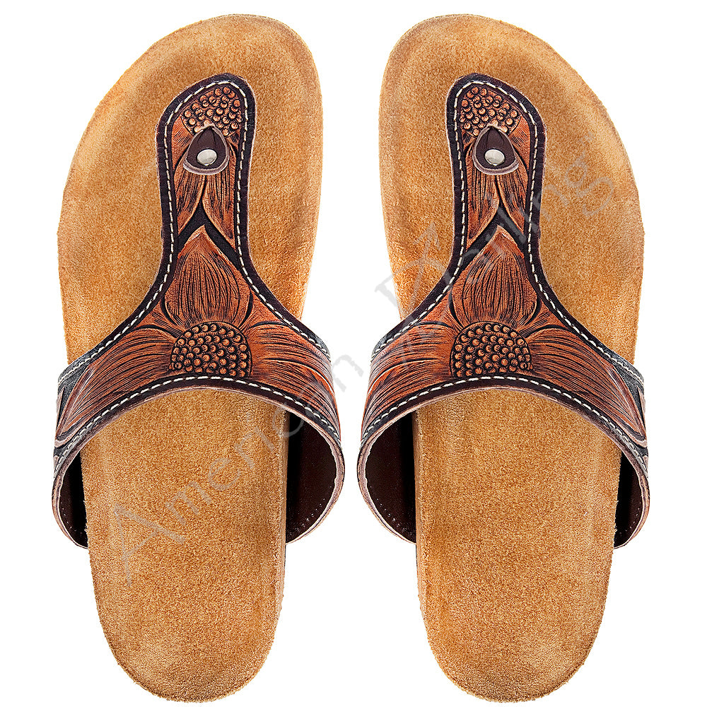 American Darling Adft101 Hand Tooled, Carved Genuine Leather Sandal Footwear Flip Flop | Tooled