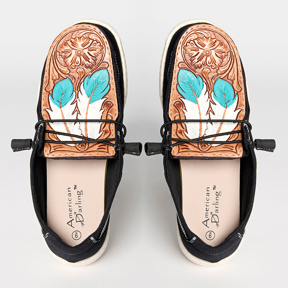 American Darling Hand tooled, carved genuine leather trim lightweight shoe footwear, slip on| Tooled Footwear