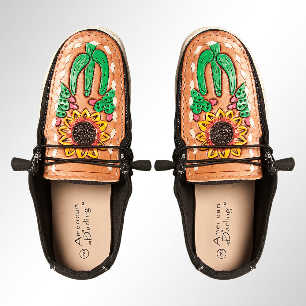 American Darling Hand tooled, carved genuine leather trim lightweight shoe footwear, slip on| Tooled Footwear