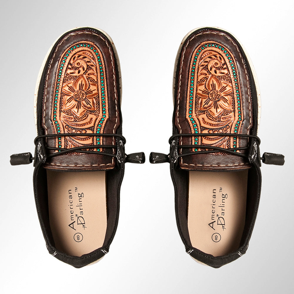 American Darling Hand tooled, carved genuine leather trim lightweight shoe footwear, slip on| Tooled Footwear