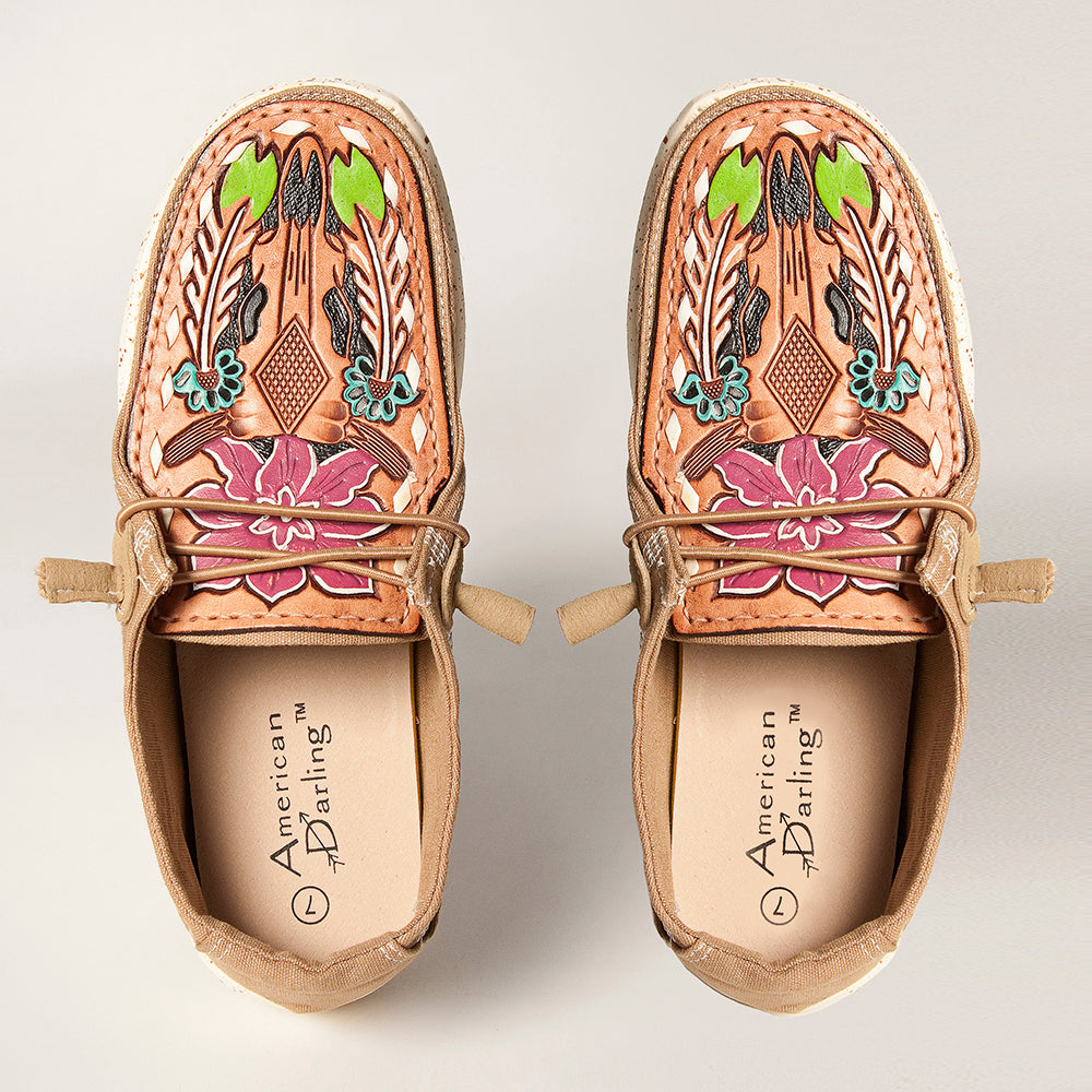 American Darling Hand tooled, carved genuine leather trim lightweight shoe footwear| Tooled Footwear |Leather