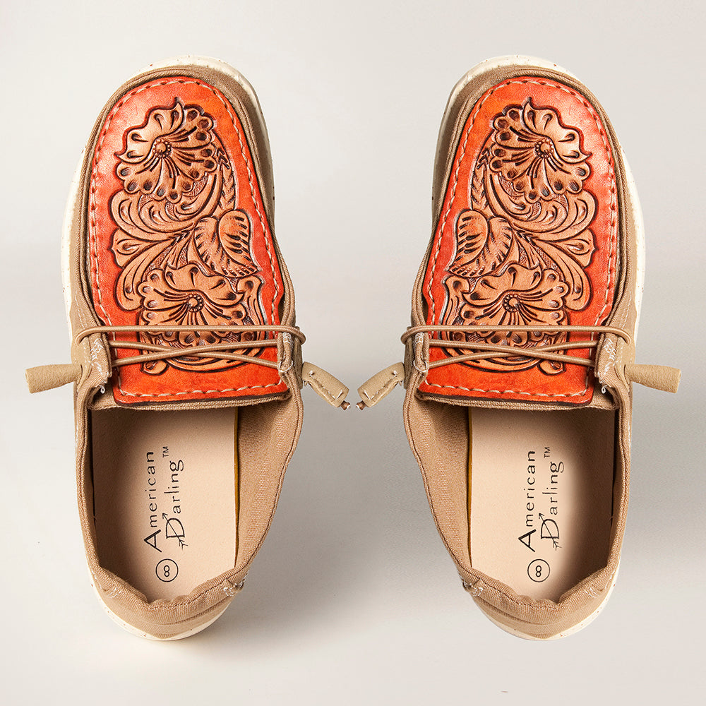 American Darling Hand tooled, carved genuine leather trim lightweight shoe footwear| Tooled Footwear | Slip On