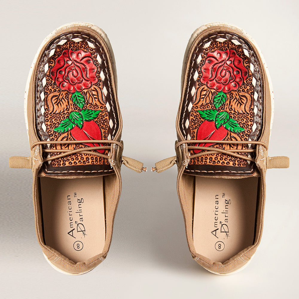 American Darling Hand tooled, carved genuine leather trim lightweight shoe footwear, slip on| Tooled Footwear