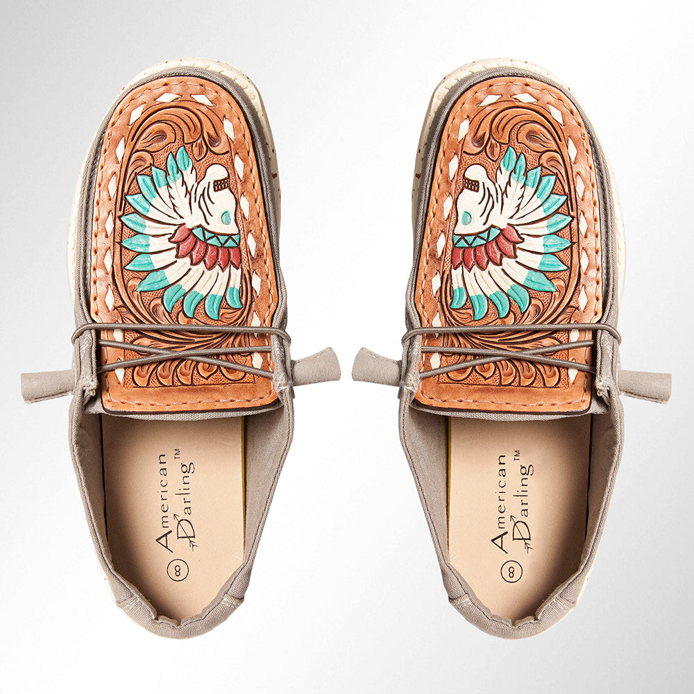 American Darling Hand tooled, carved genuine leather trim lightweight shoe footwear, slip on| Tooled Footwear