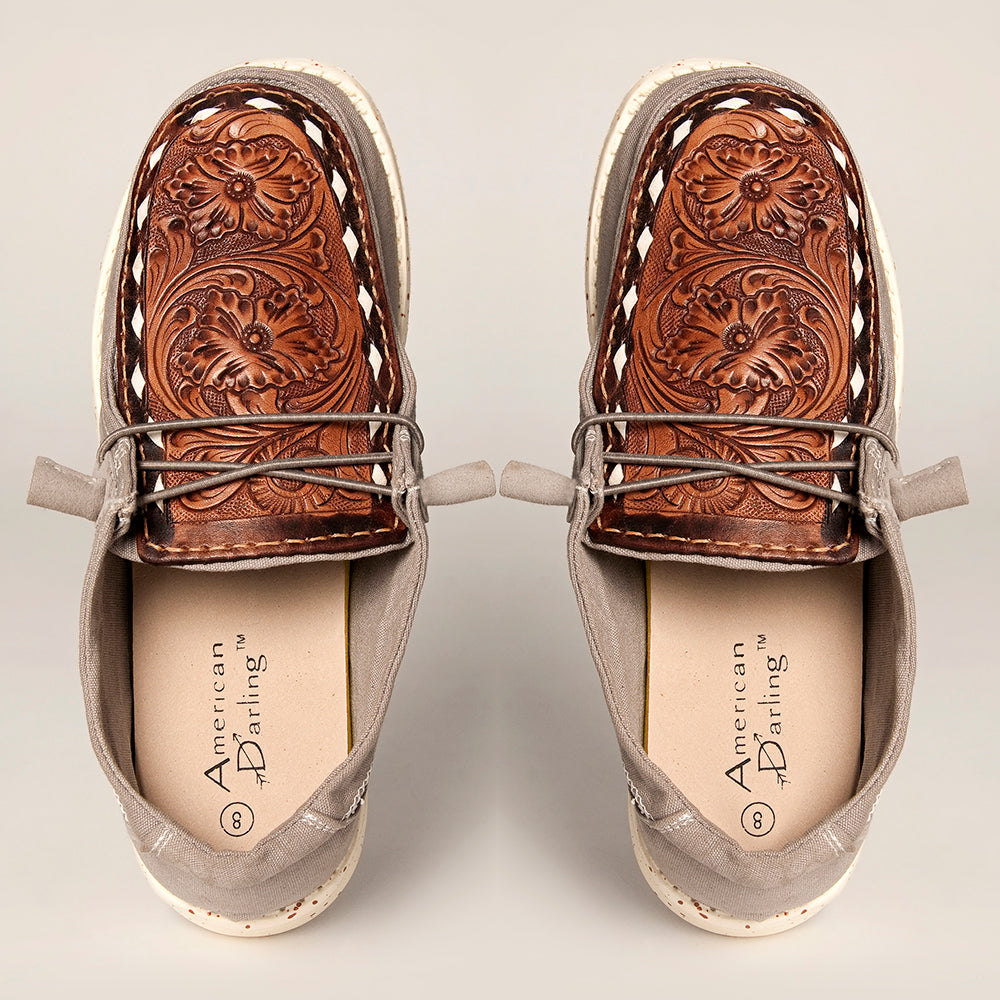 American Darling Hand tooled, carved genuine leather trim lightweight shoe footwear, slip on| Tooled Footwear