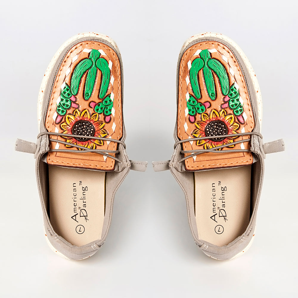 American Darling Hand tooled, carved genuine leather trim lightweight shoe footwear, slip on| Tooled Footwear