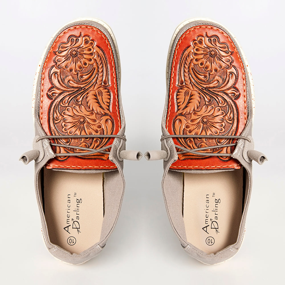 American Darling Hand tooled, carved genuine leather trim lightweight shoe footwear, slip on| Tooled Footwear