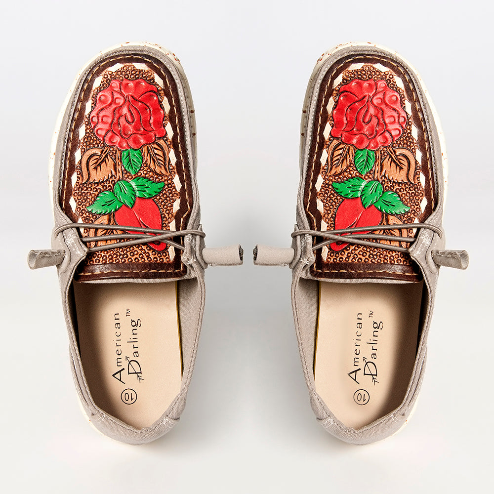 American Darling Hand tooled, carved genuine leather trim lightweight shoe footwear, slip on| Tooled Footwear