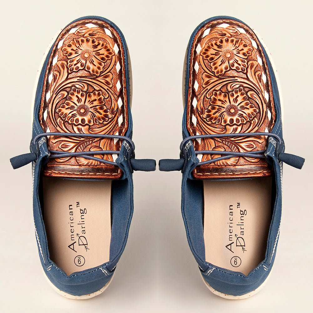 American Darling Hand tooled, carved genuine leather trim lightweight shoe footwear, slip on| Tooled Footwear