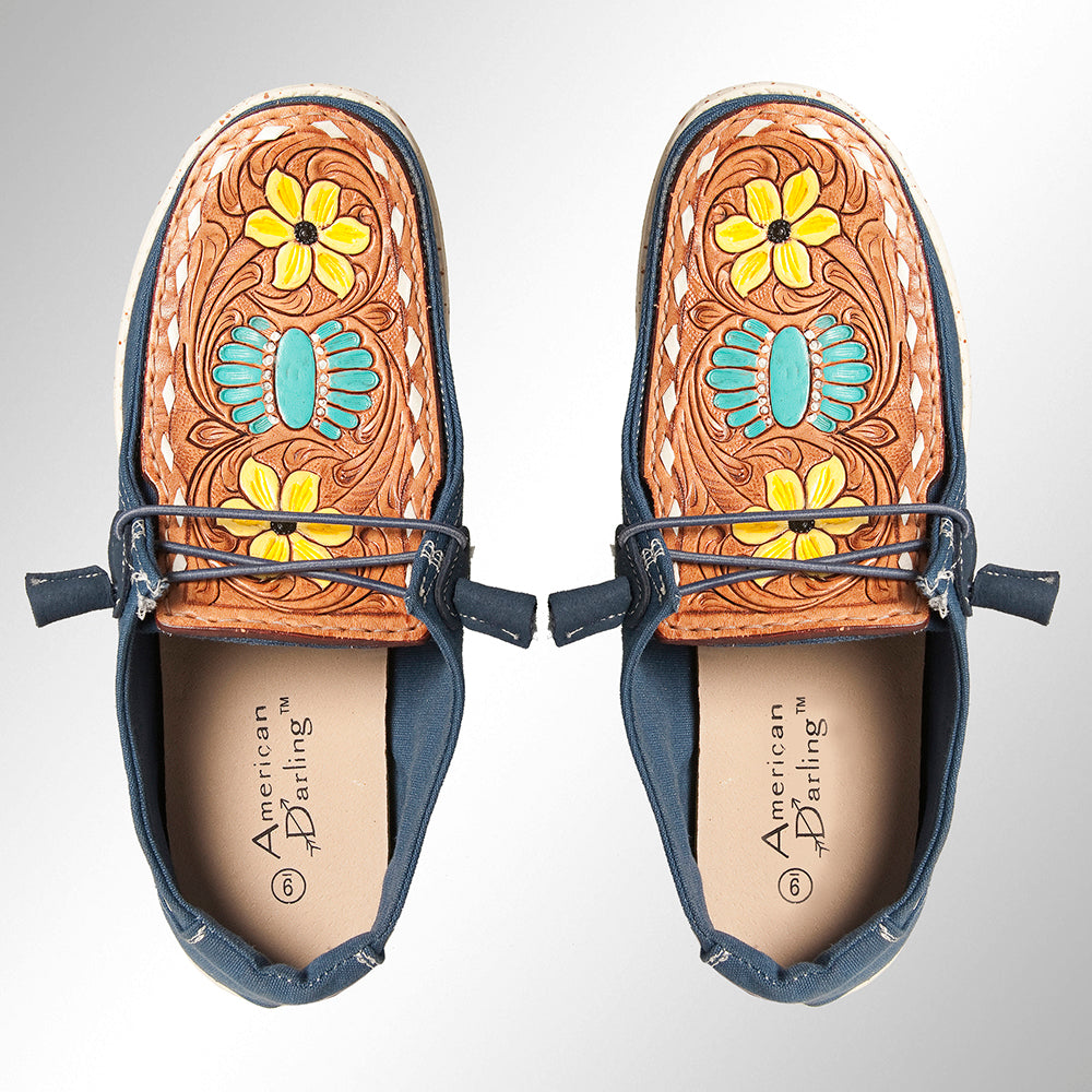 American Darling Hand tooled, carved genuine leather trim lightweight shoe footwear, slip on| Tooled Footwear