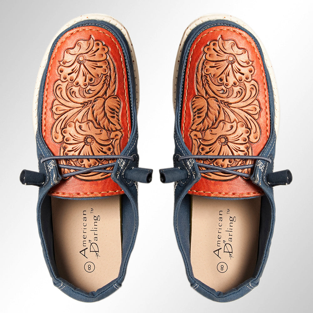 American Darling Hand tooled, carved genuine leather trim lightweight shoe footwear, slip on| Tooled Footwear