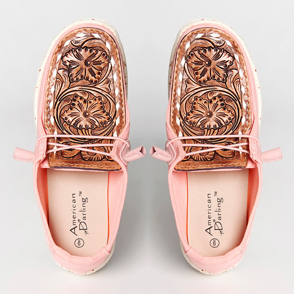 American Darling Hand tooled, carved genuine leather trim lightweight shoe footwear, slip on| Tooled Footwear