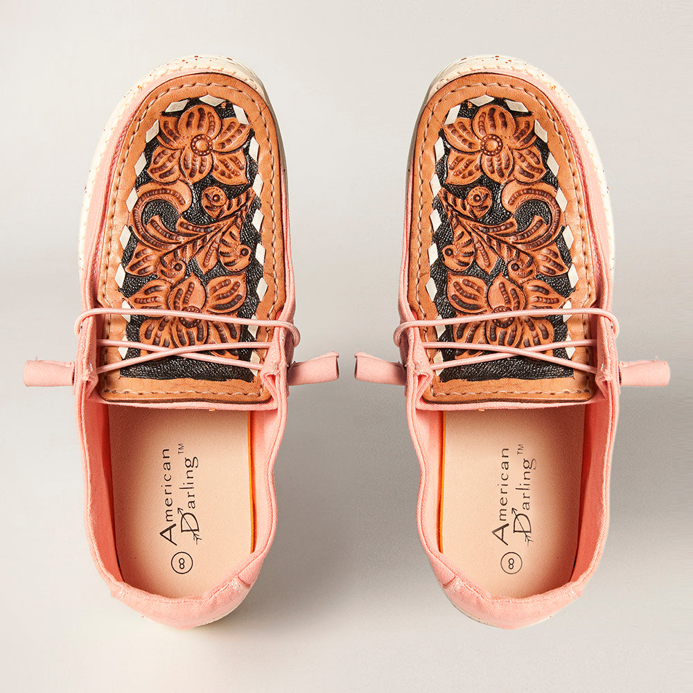American Darling Hand tooled, carved genuine leather trim lightweight shoe footwear, slip on| Tooled Footwear