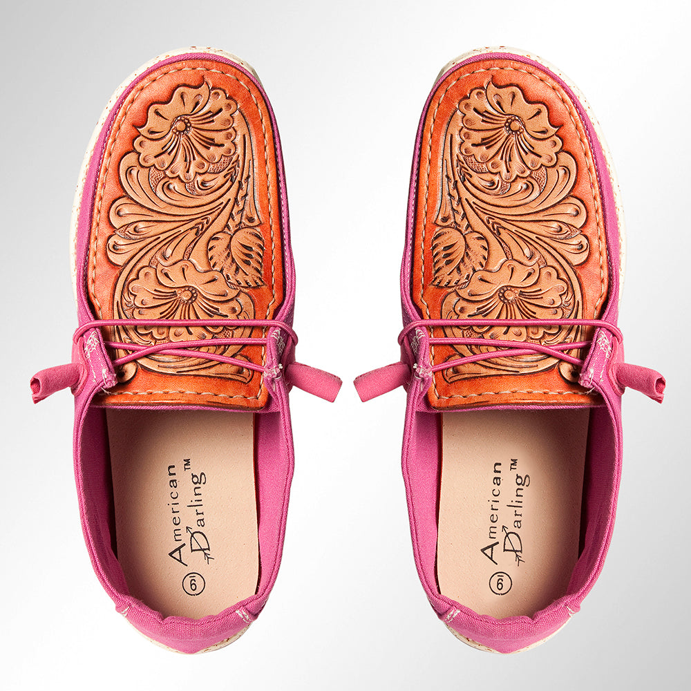 American Darling Hand tooled, carved genuine leather trim lightweight shoe footwear, slip on| Tooled Footwear