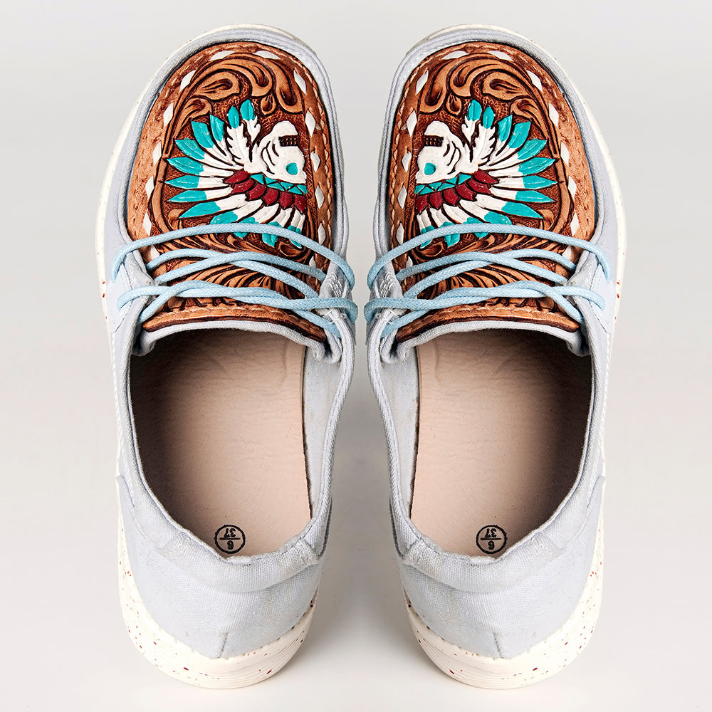 American Darling Hand tooled, carved genuine leather trim lightweight shoe footwear, slip on| Tooled Footwear