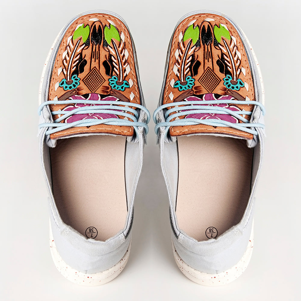 American Darling Hand tooled, carved genuine leather trim lightweight shoe footwear, slip on| Tooled Footwear