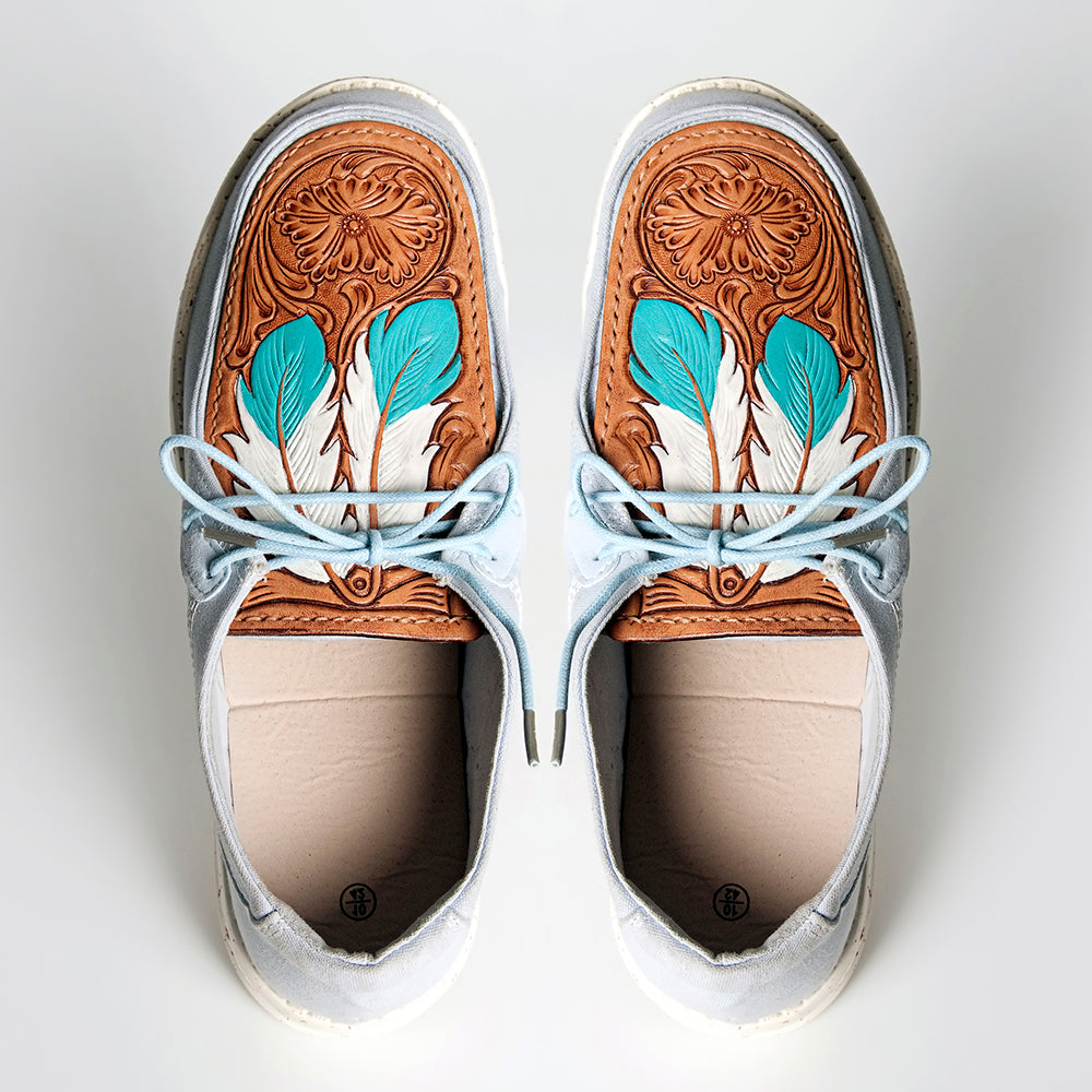 American Darling Hand tooled, carved genuine leather trim lightweight shoe footwear, slip on| Tooled Footwear