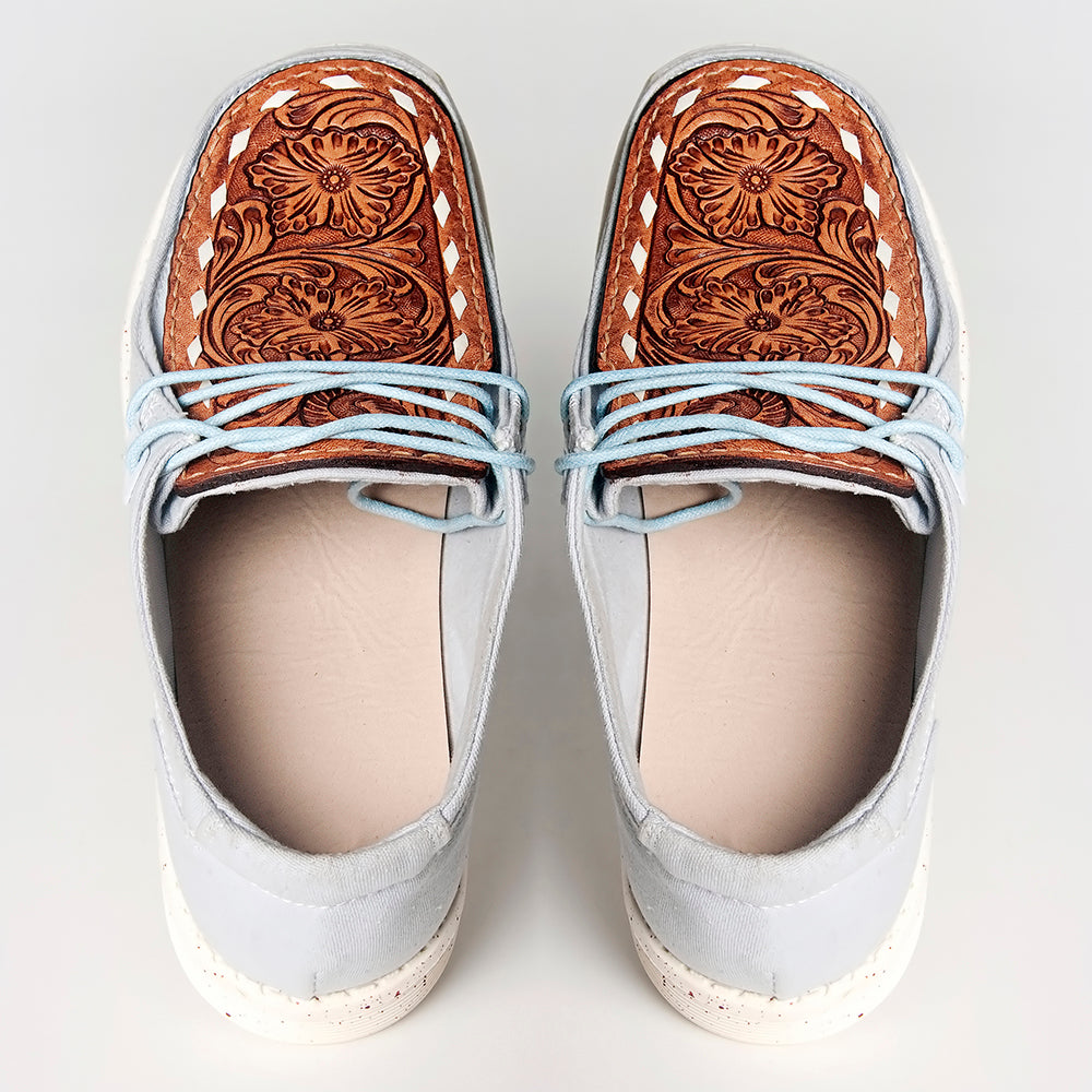 American Darling Hand tooled, carved genuine leather trim lightweight shoe footwear, slip on| Tooled Footwear