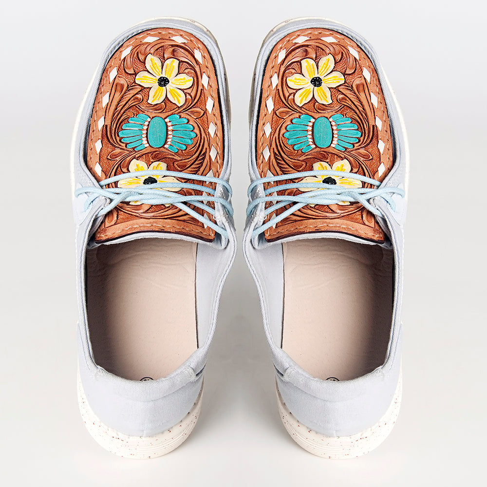 American Darling Hand tooled, carved genuine leather trim lightweight shoe footwear, slip on| Tooled Footwear