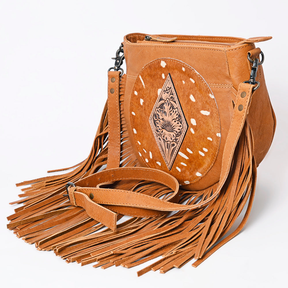 American Darling Hand-Tooled Hair-On Leather Crossbody Bag for Women – Genuine Western Cowhide Purse with Fringe Detailing and Adjustable Strap
