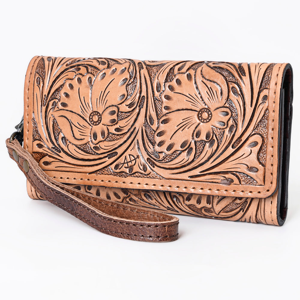 American Darling Western Leather Clutch Wallet Hand Tooled Floral Carved with Wristlet Strap