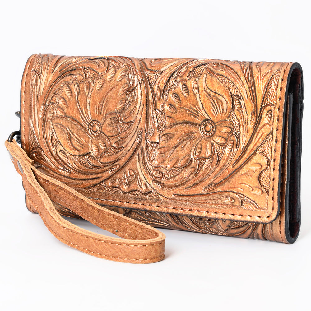 American Darling Western Leather Clutch Wallet Hand Tooled Floral Carved with Wristlet Strap