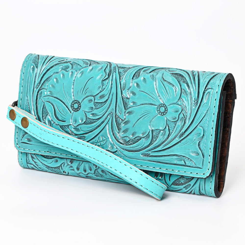 American Darling Western Leather Clutch Wallet Hand Tooled Floral Carved with Wristlet Strap