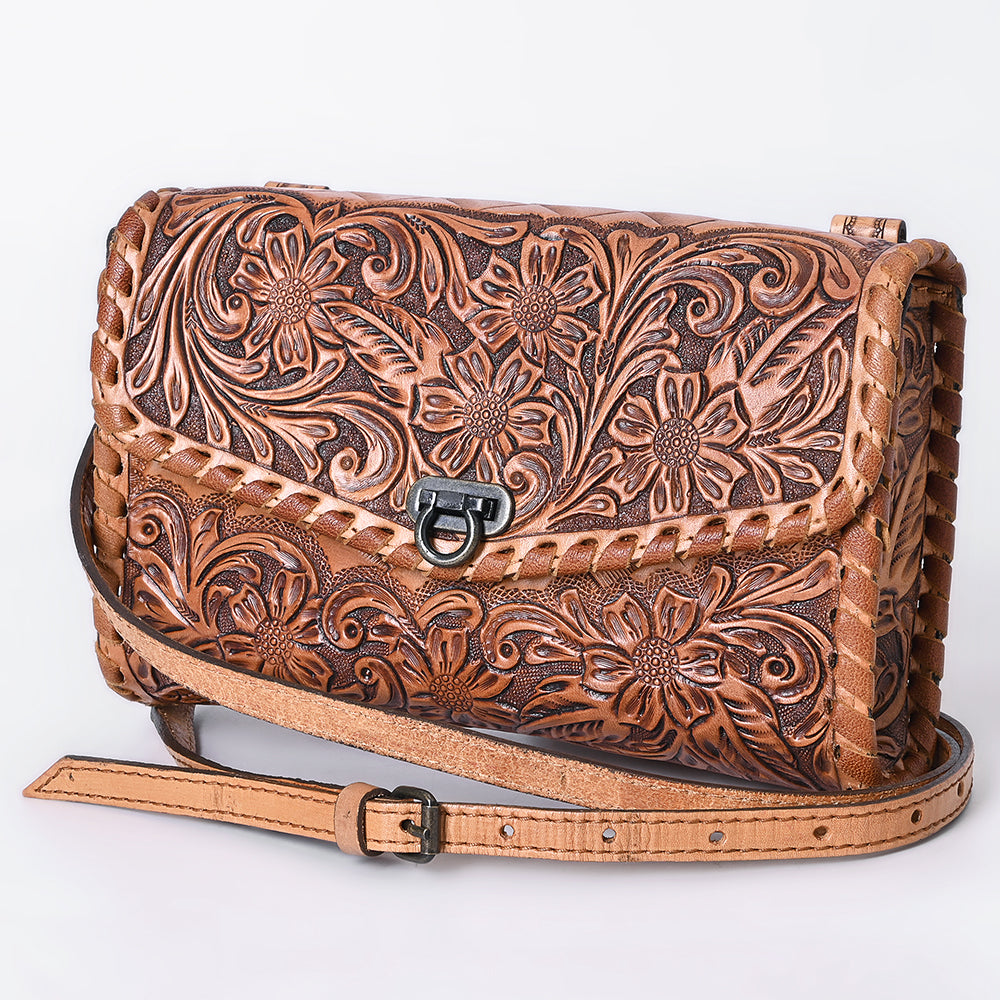 American Darling Western Leather Crossbody Bag Hand Tooled Floral Carved Shoulder Purse with Whipstitch Detail & Adjustable Strap for Women