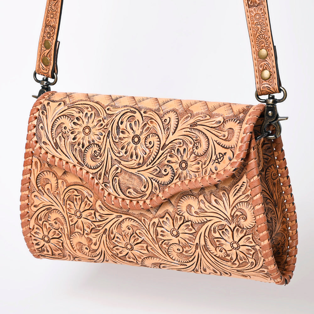 American Darling Western Leather Clutch Bag Hand Tooled Floral Carved Crossbody Purse with Whipstitch Detail