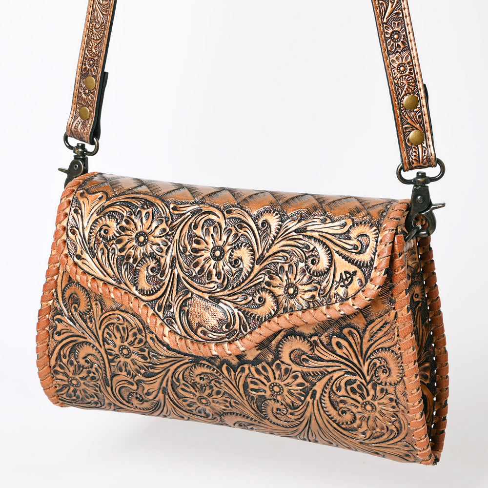 American Darling Western Leather Clutch Bag Hand Tooled Floral Carved Crossbody Purse with Whipstitch Detail