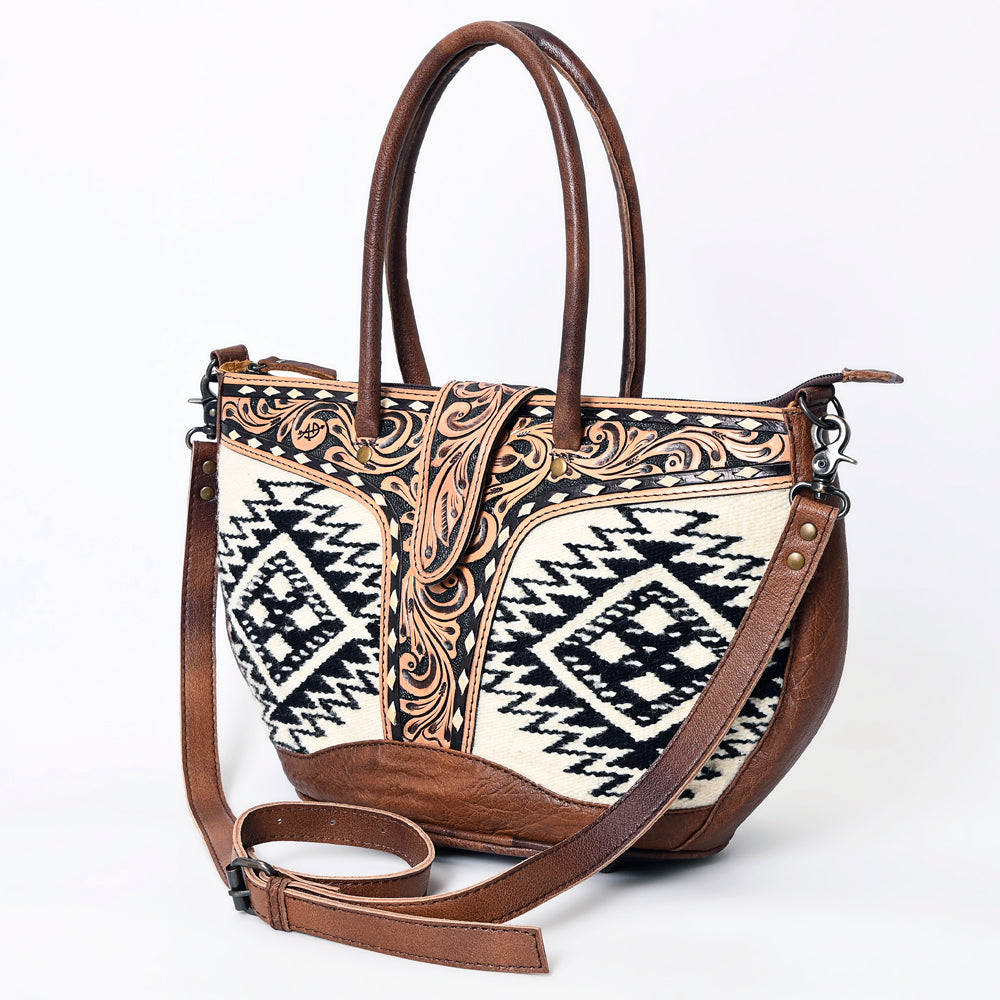 American Darling Western Tote Bag – Hand-Woven Saddle Blanket Design with Genuine Leather, Tooled Floral Accents, and Detachable Strap