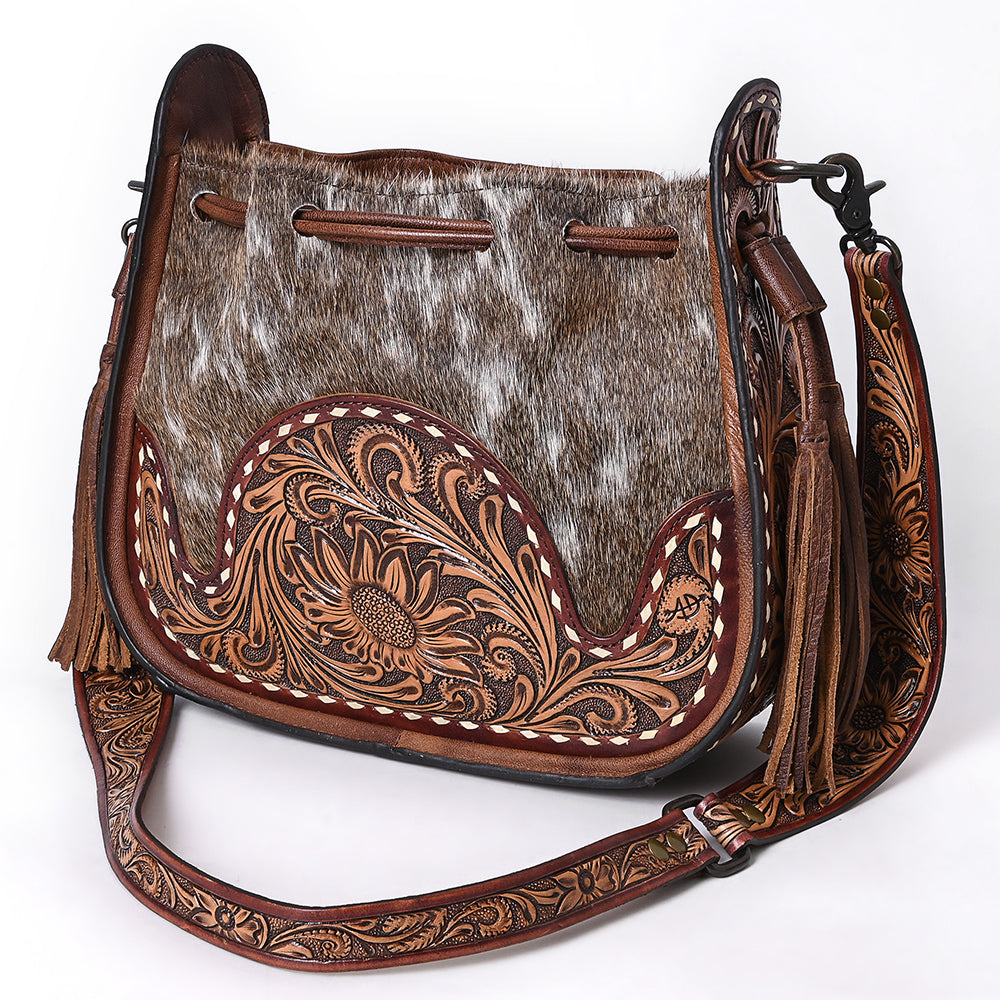 American Darling Western Hobo Bag Handcrafted from Hair-On Cowhide & Tooled Genuine Leather | Floral Carved Purse with Tassel