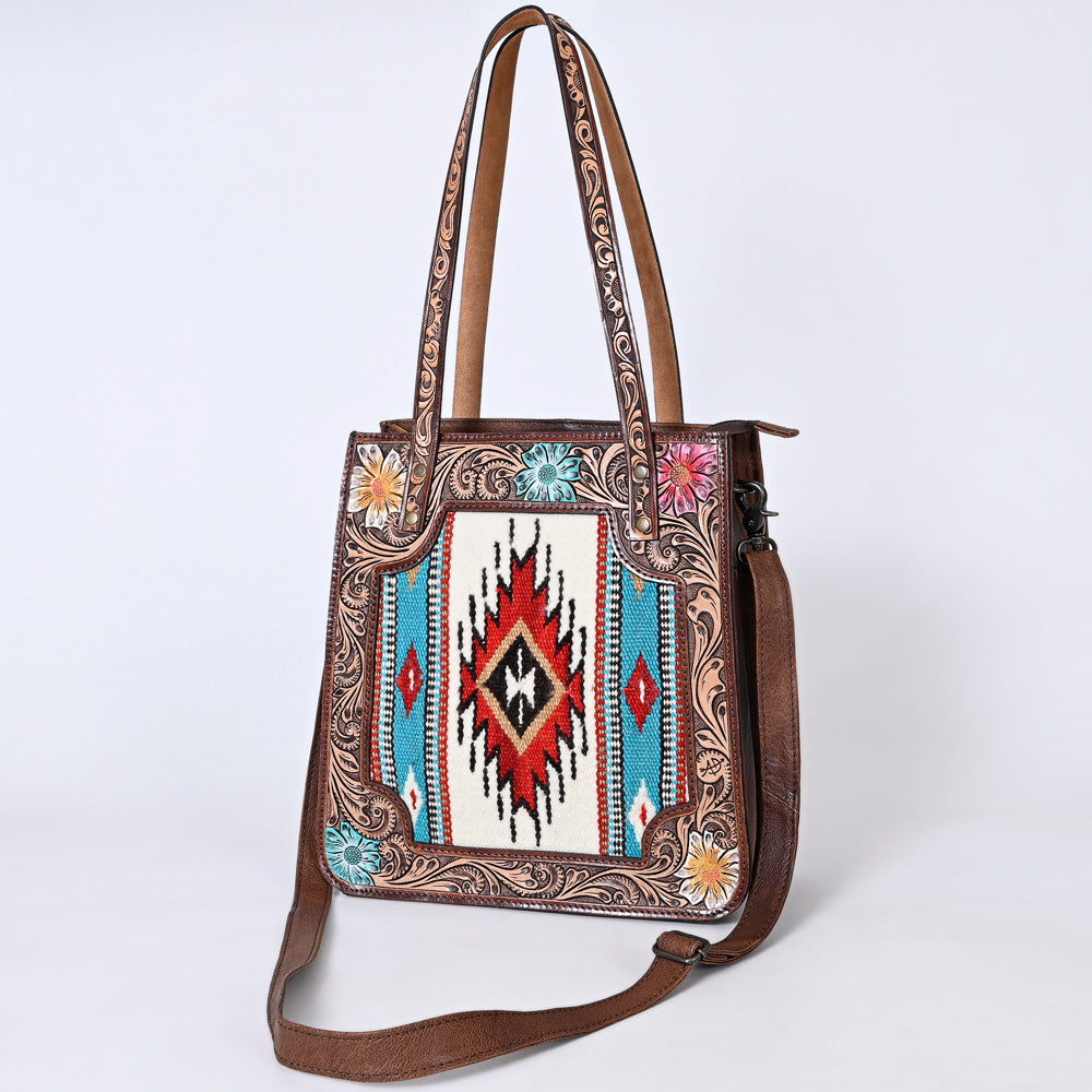 American Darling Western Tote Bag Handcrafted from Saddle Blanket & Genuine Leather | Hand Tooled Floral Purse with Painted Accents