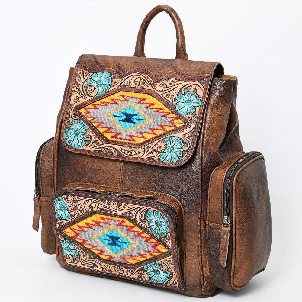 American Darling Western Backpack Handcrafted from Tooled Leather & Saddle Blanket | Panel Purse with Multiple Pockets