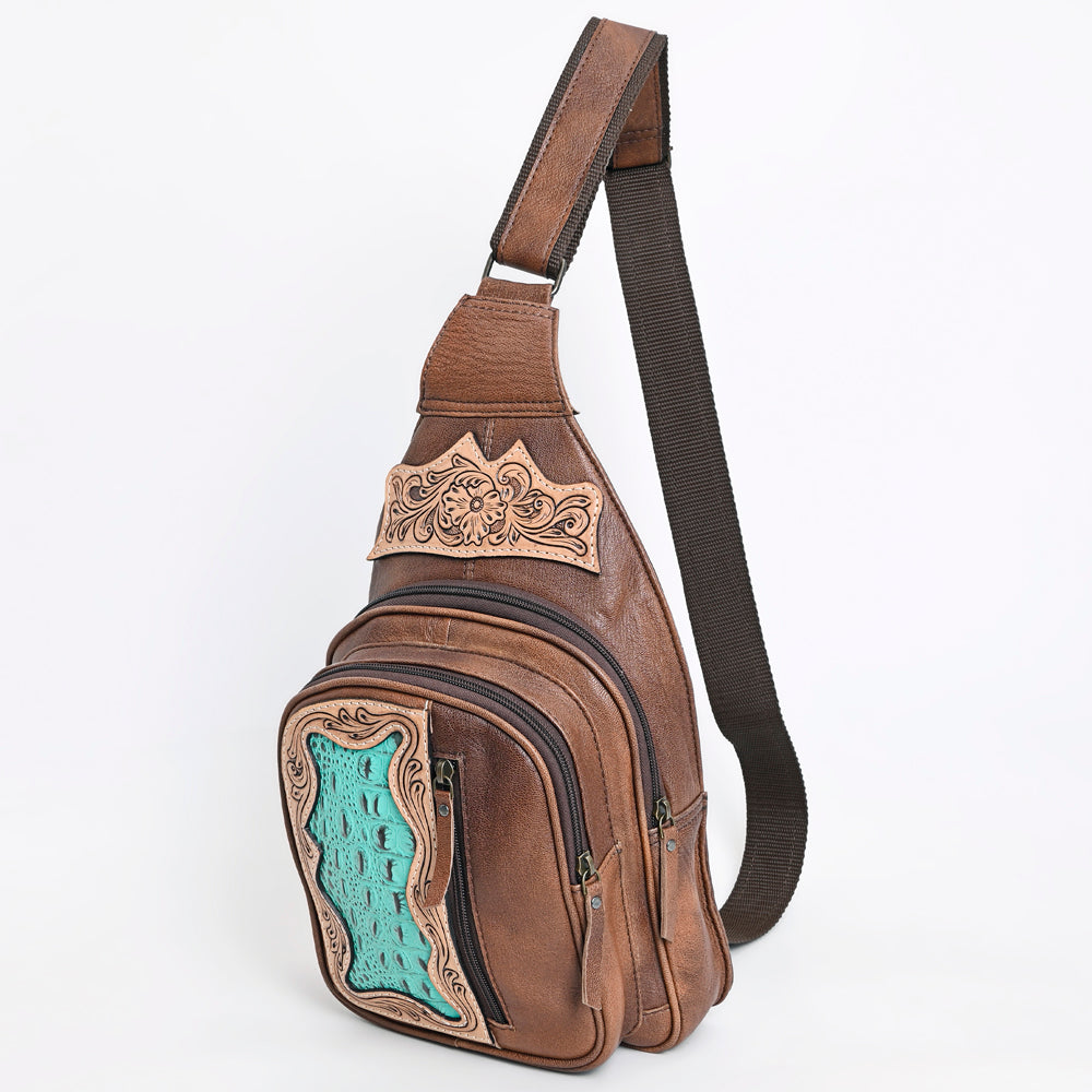 American Darling Western Sling Backpack Handcrafted from Tooled Leather | Crocodile Embossed & Floral Carved Crossbody Bag