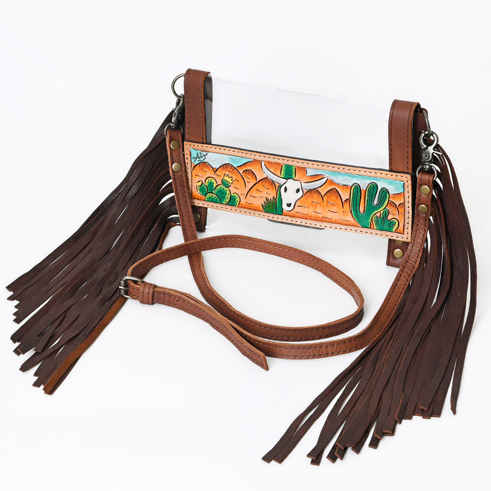 American Darling Western Clear Stadium Crossbody Bag with Hand Painted Scene | Genuine Leather Fringe Purse for Women