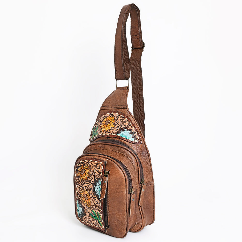 American Darling Western Sling Backpack Handcrafted from Tooled Genuine Leather | Floral Carved Purse with Multi-Pocket Design