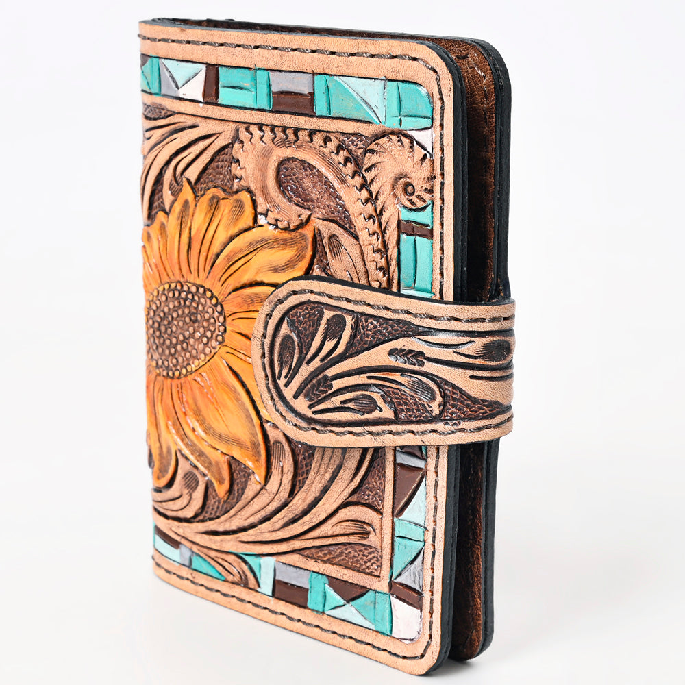 American Darling Western Wallet Handcrafted from Tooled Leather | Sunflower Carved with Mosaic Inlay & Snap Closure