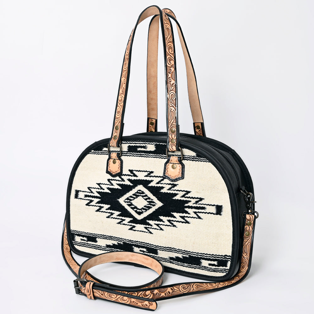 American Darling Western Tote Bag Handcrafted from Saddle Blanket & Genuine Leather | Tooled Floral Strap & Pattern Purse