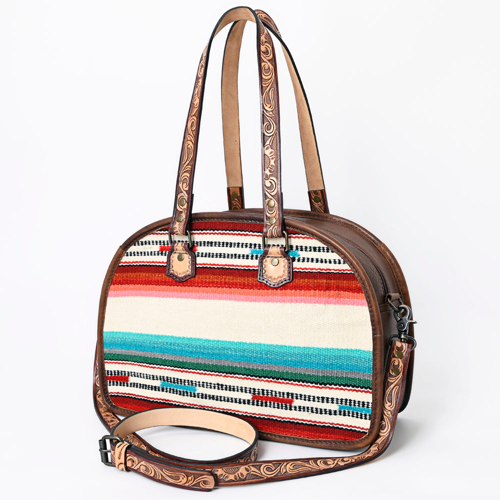 American Darling Western Tote Bag Handcrafted from Saddle Blanket & Genuine Leather | Tooled Strap Detail & Multi-Color Stripe Purse