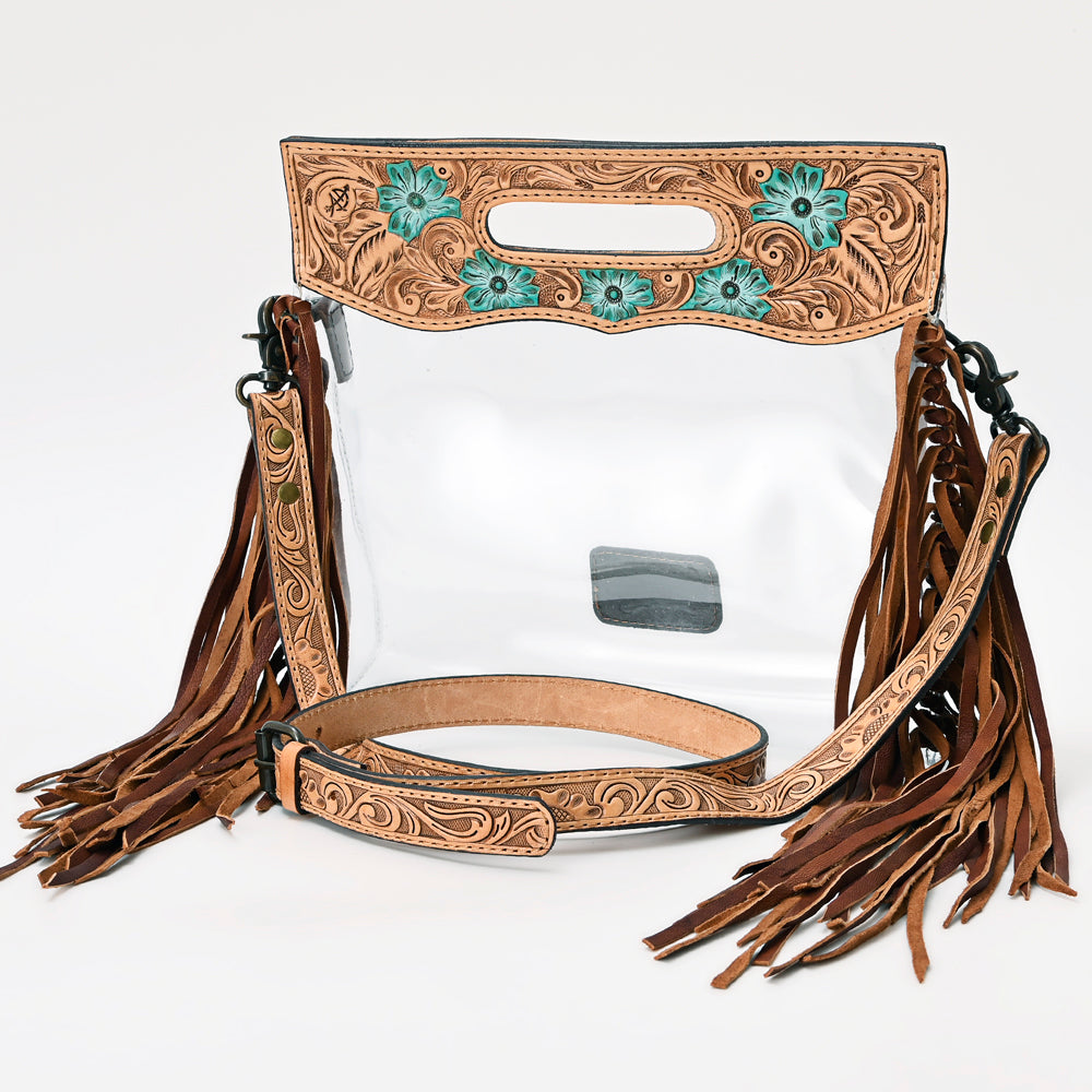 American Darling Western Clear Stadium Bag with Long Leather Fringe | Hand Tooled Floral Leather Trim & Carry Handle