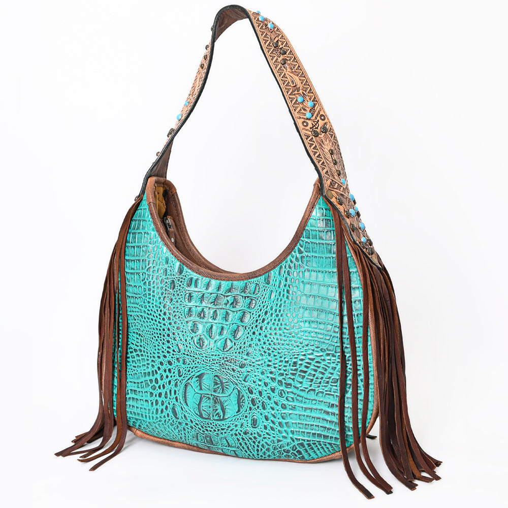American Darling Western Hobo Bag Handcrafted from Crocodile Embossed Leather | Fringe Detail & Tooled Studded Strap